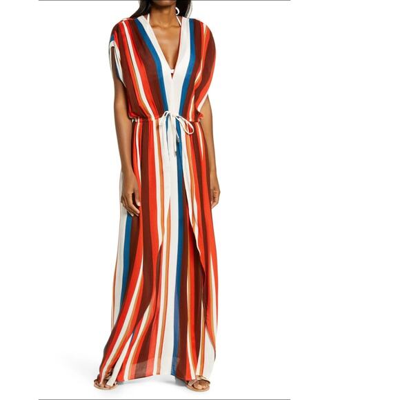 Elan Striped Maxi Cover Up Dress Plunging Bodice Slit Skirt Stripe Size Small - Picture 1 of 12